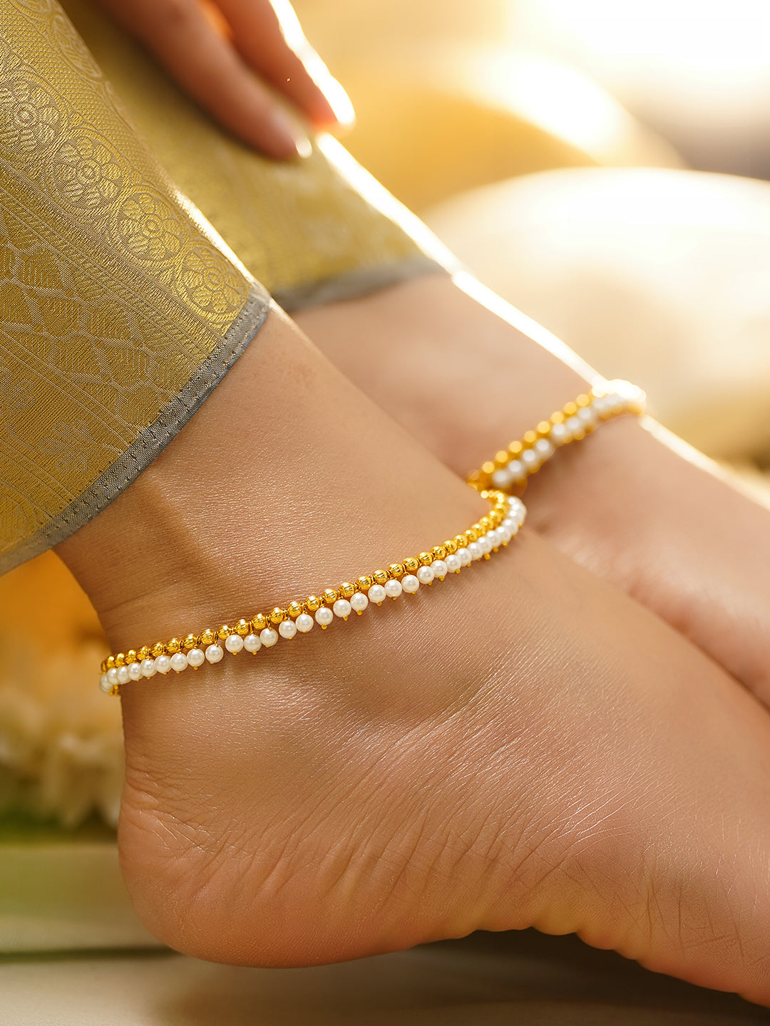 【Rubans】 Set of 2 Gold Plated Pearl Beaded Anklets｜ゴールドメッキ パールビーズ アンクレット 2本セット