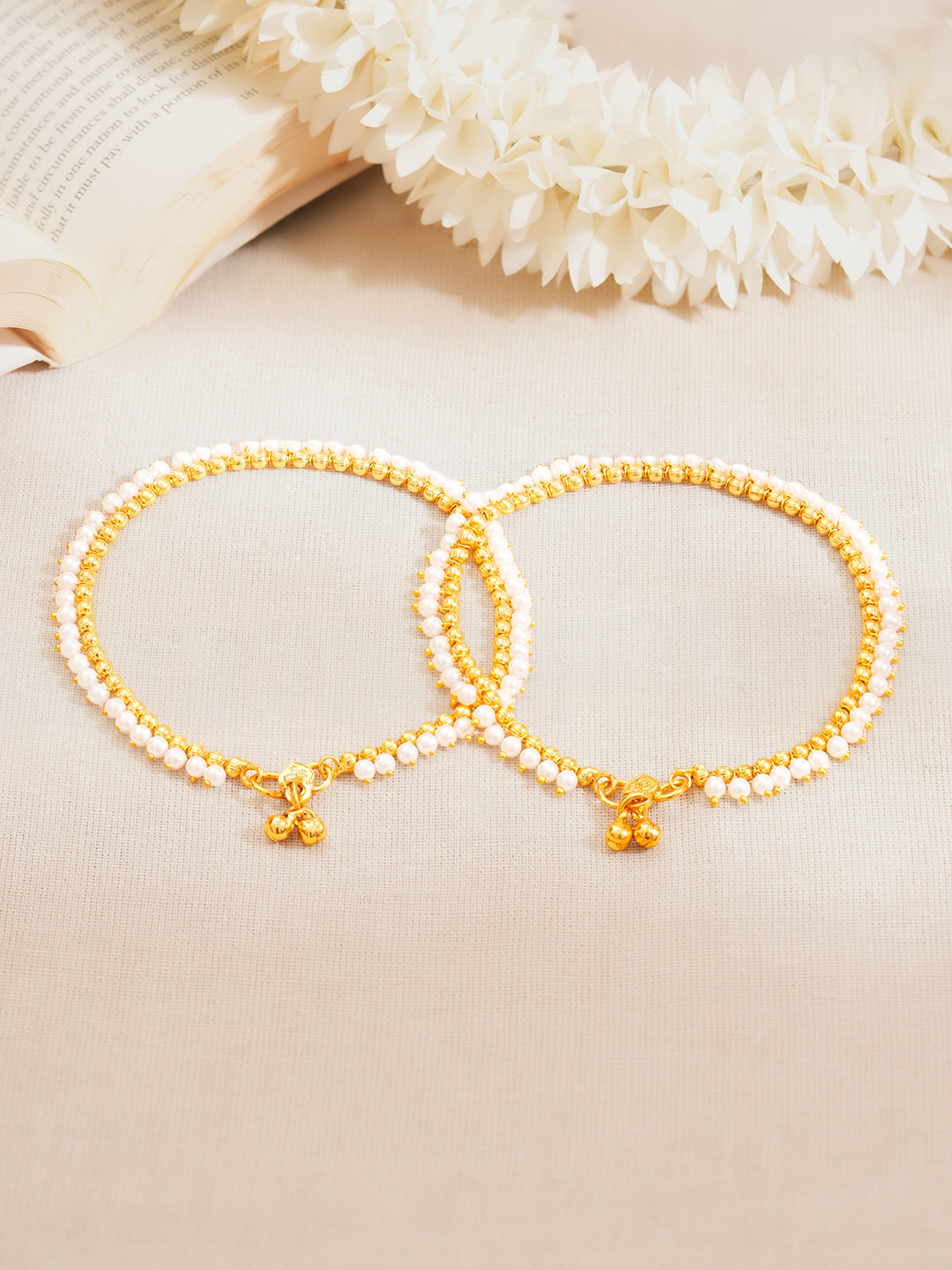 【Rubans】 Set of 2 Gold Plated Pearl Beaded Anklets｜ゴールドメッキ パールビーズ アンクレット 2本セット