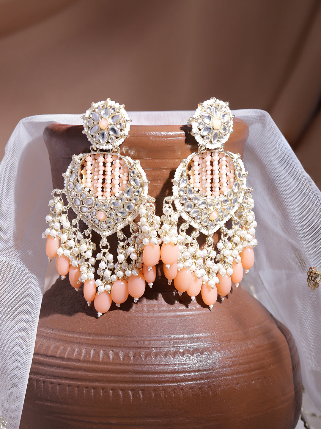 Rubans Gold Plated Chandbali Earrings With Golden And Pink Beads Gold