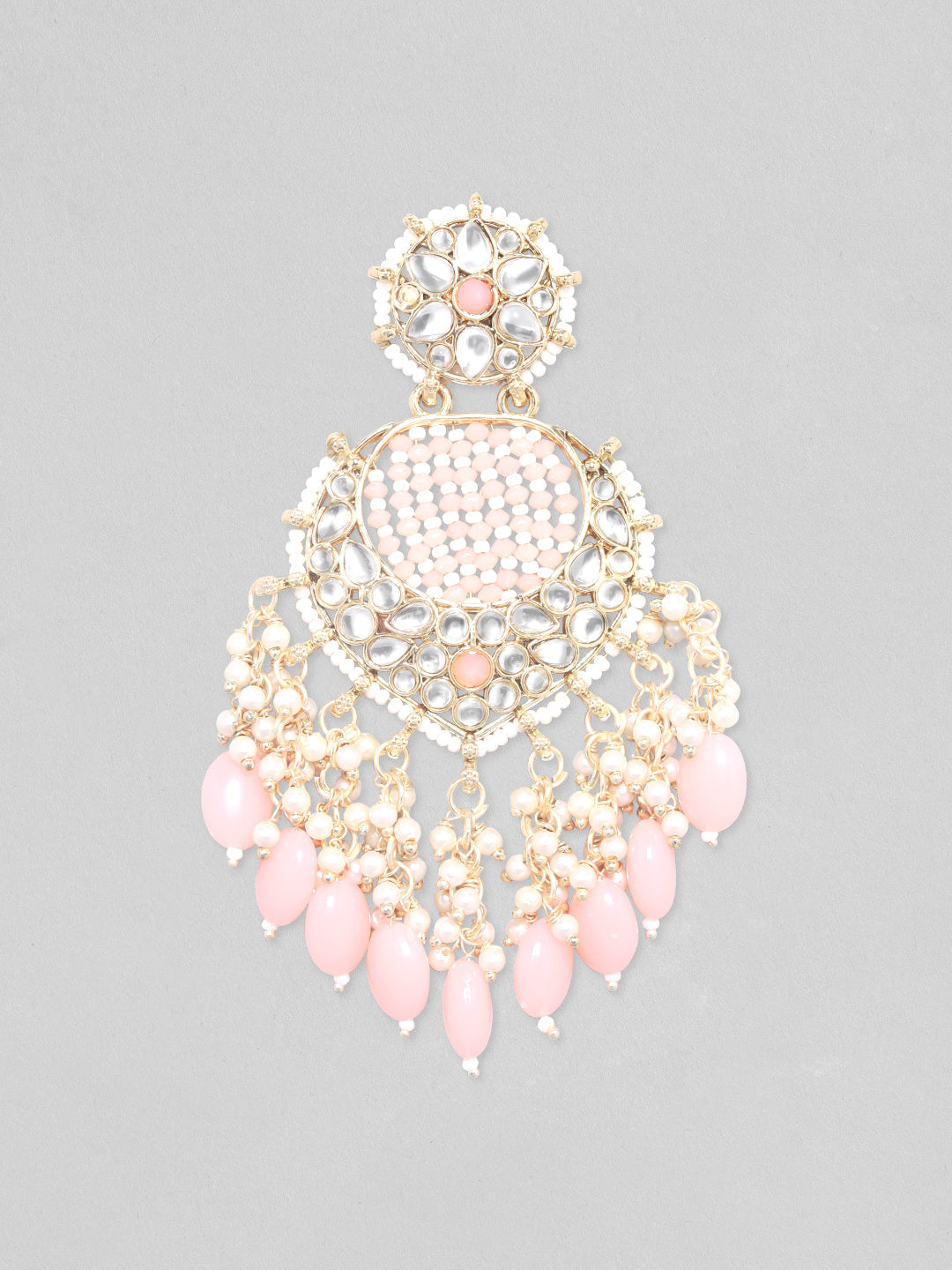 Rubans Gold Plated Chandbali Earrings With Golden And Pink Beads Gold