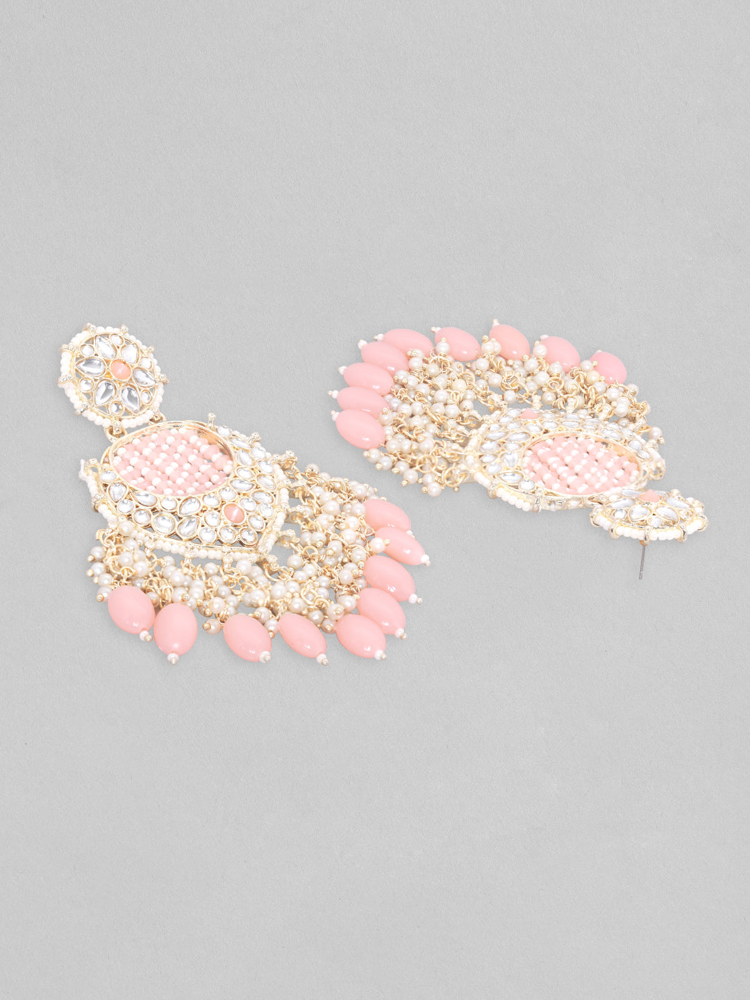 Rubans Gold Plated Chandbali Earrings With Golden And Pink Beads Gold