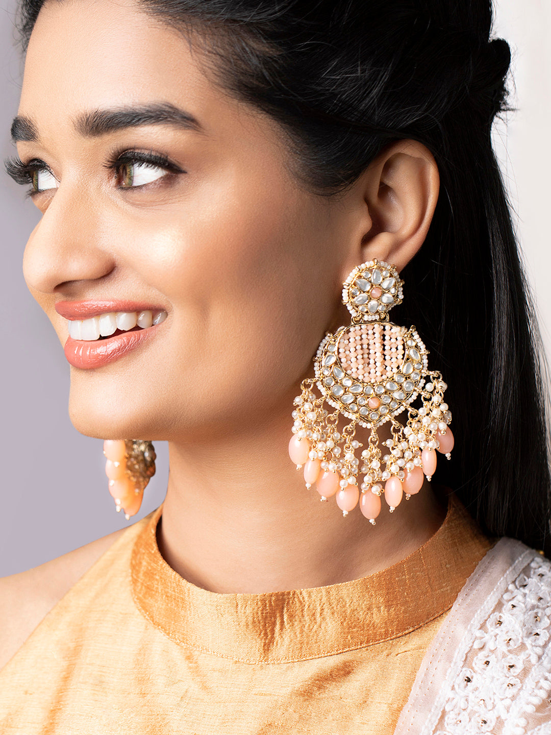 Rubans Gold Plated Chandbali Earrings With Golden And Pink Beads Gold