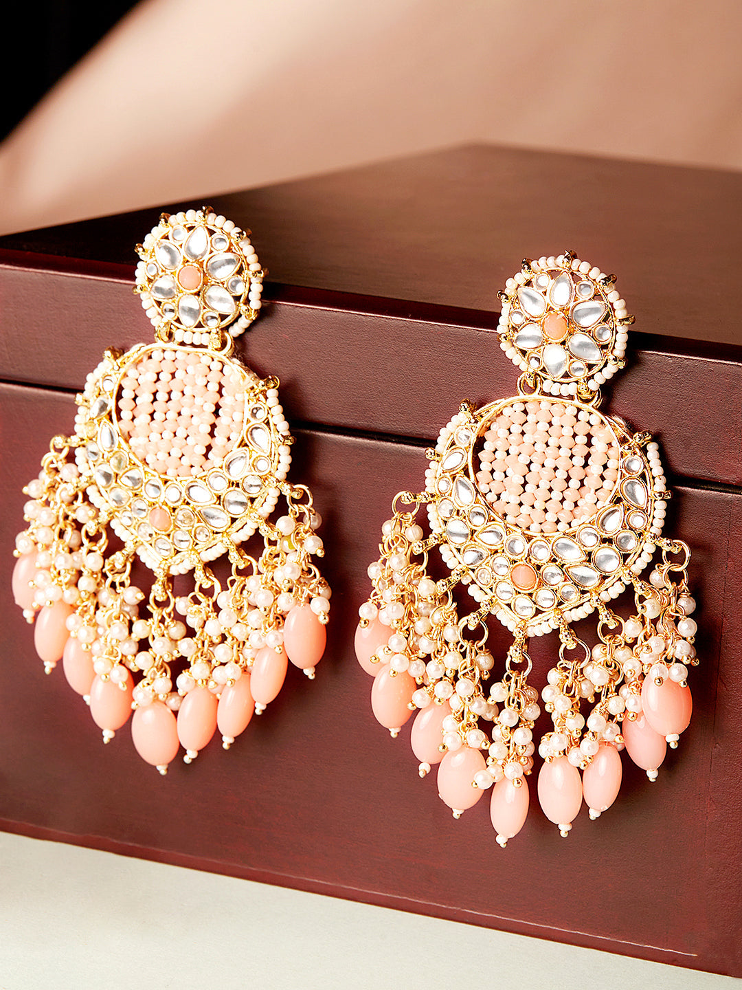 Rubans Gold Plated Chandbali Earrings With Golden And Pink Beads Gold