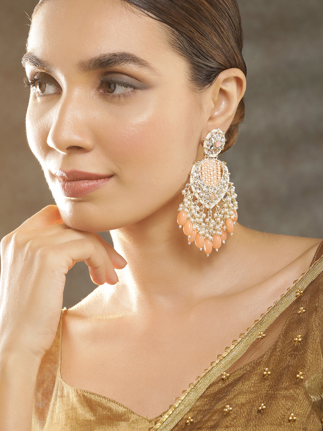 Rubans Gold Plated Chandbali Earrings With Golden And Pink Beads Gold