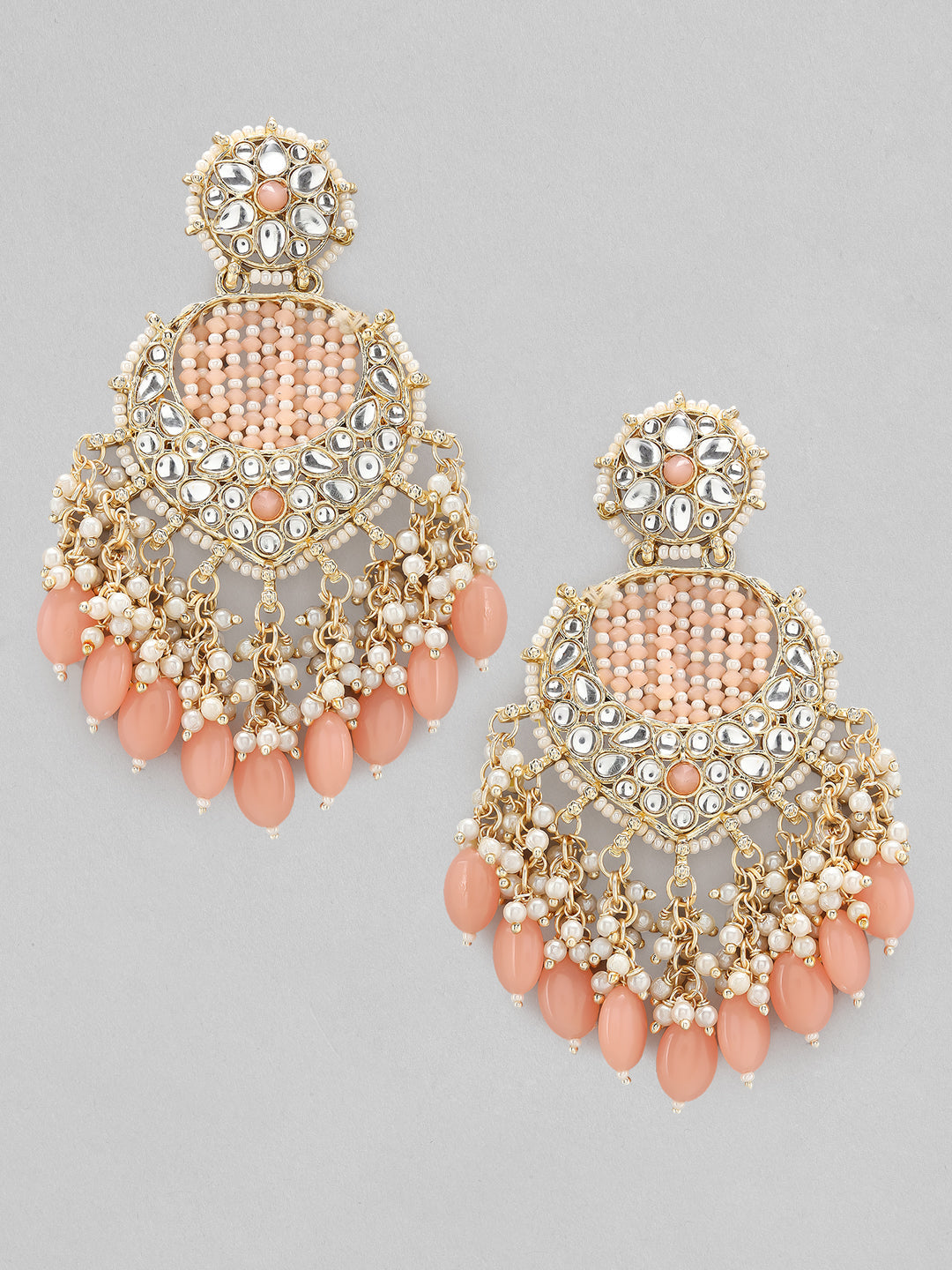 Rubans Gold Plated Chandbali Earrings With Golden And Pink Beads Gold