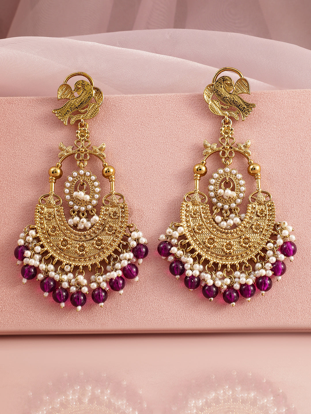 Rubans 18K Gold-Plated Large Chandbali Earrings with Pearl Beaded Accents Gold
