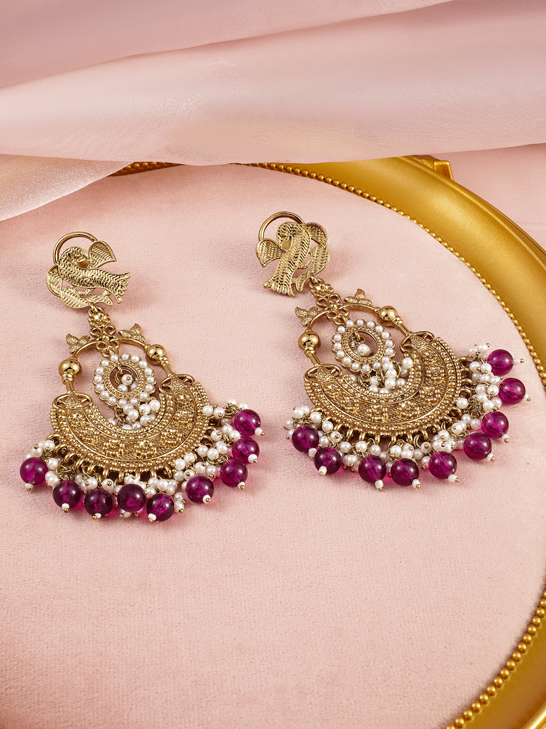 Rubans 18K Gold-Plated Large Chandbali Earrings with Pearl Beaded Accents Gold
