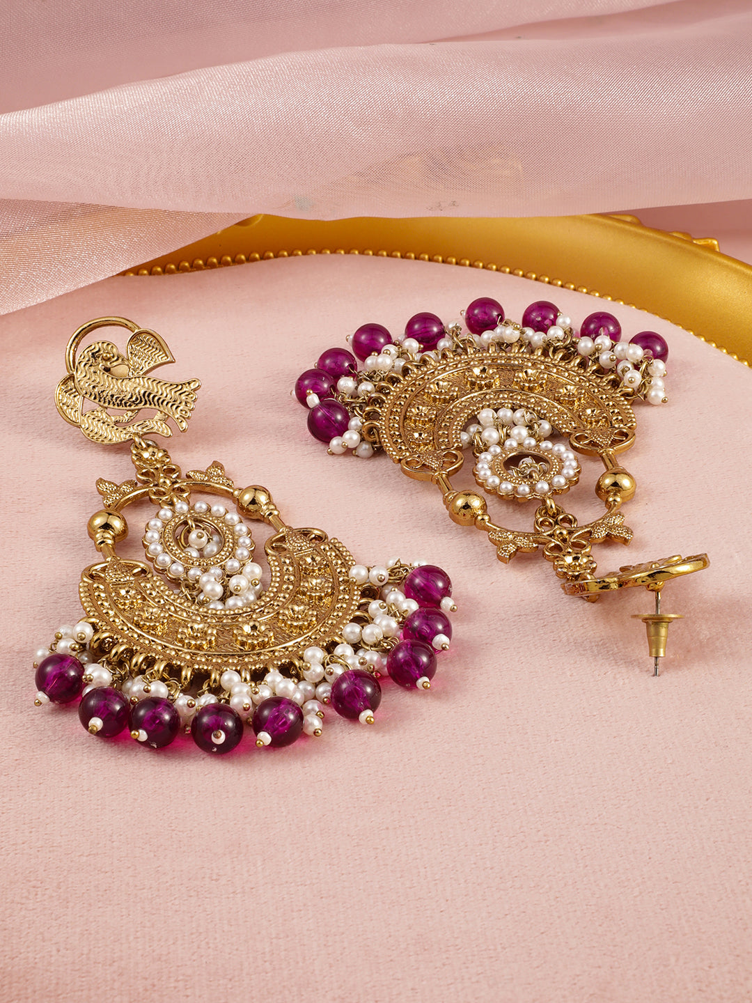 Rubans 18K Gold-Plated Large Chandbali Earrings with Pearl Beaded Accents Magenta
