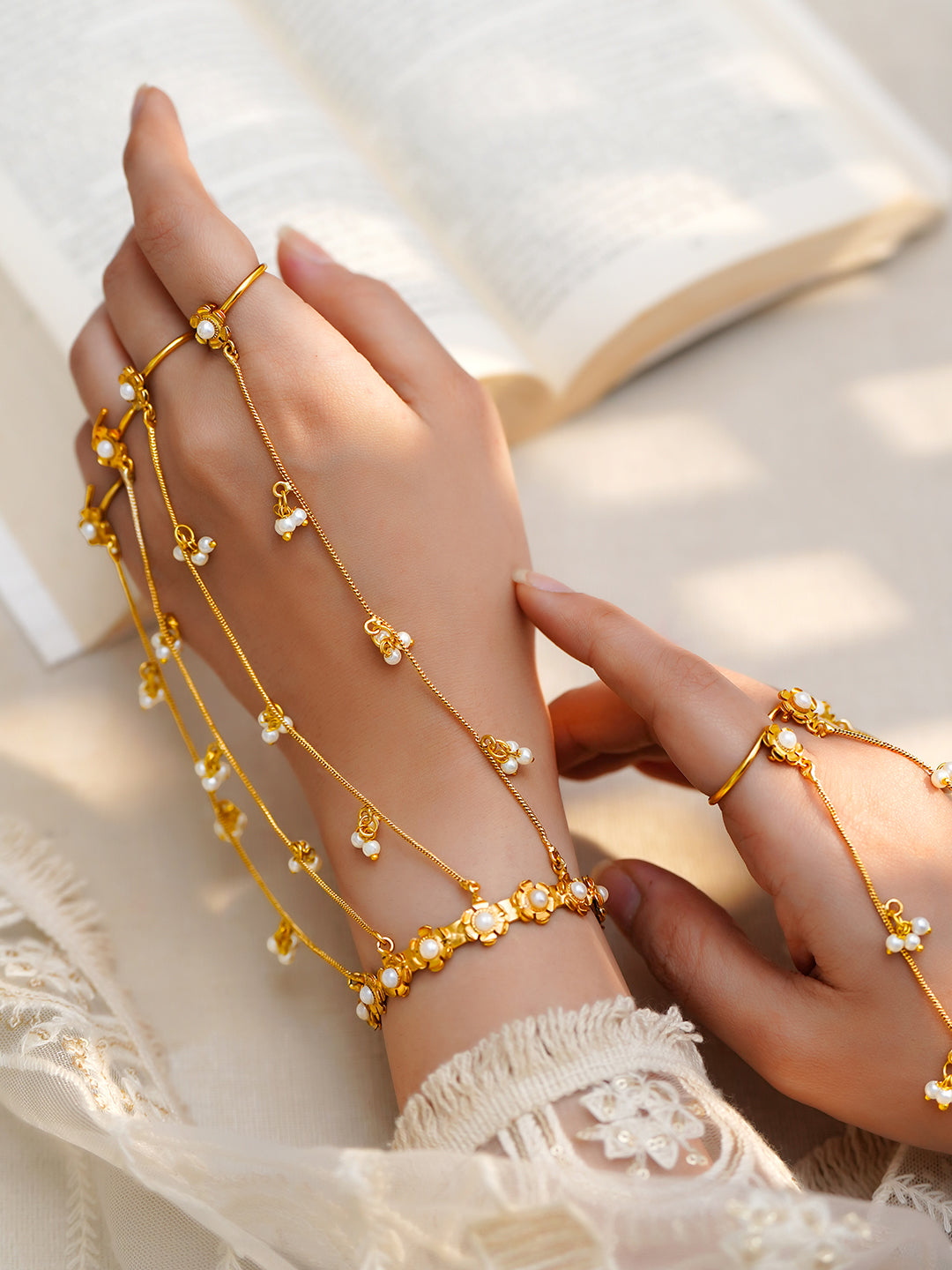 Golden Bloom Pearl Kashmiri Haathphool Bracelet Length - 15.2 cm