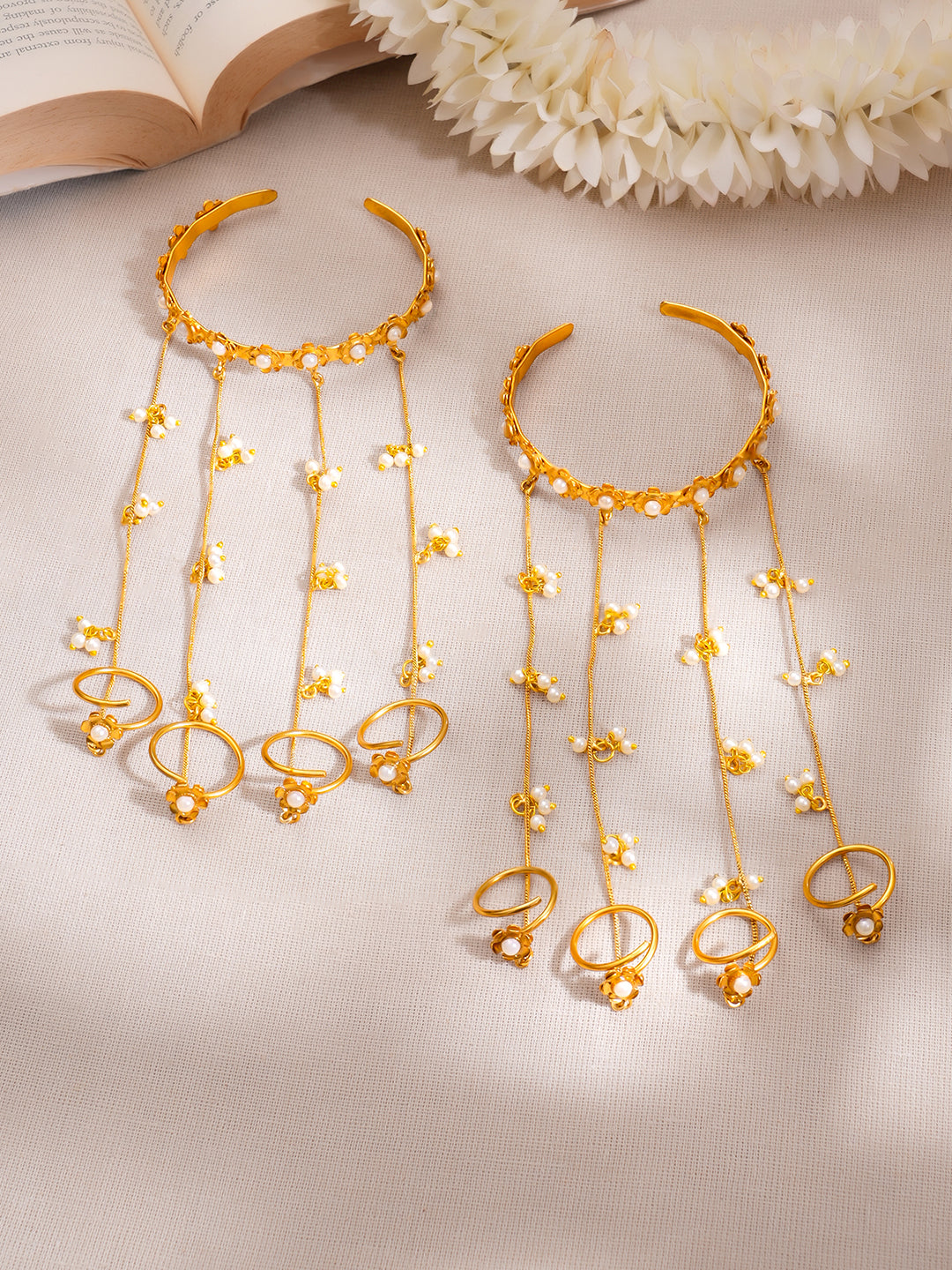 Golden Bloom Pearl Kashmiri Haathphool Bracelet Length - 15.2 cm