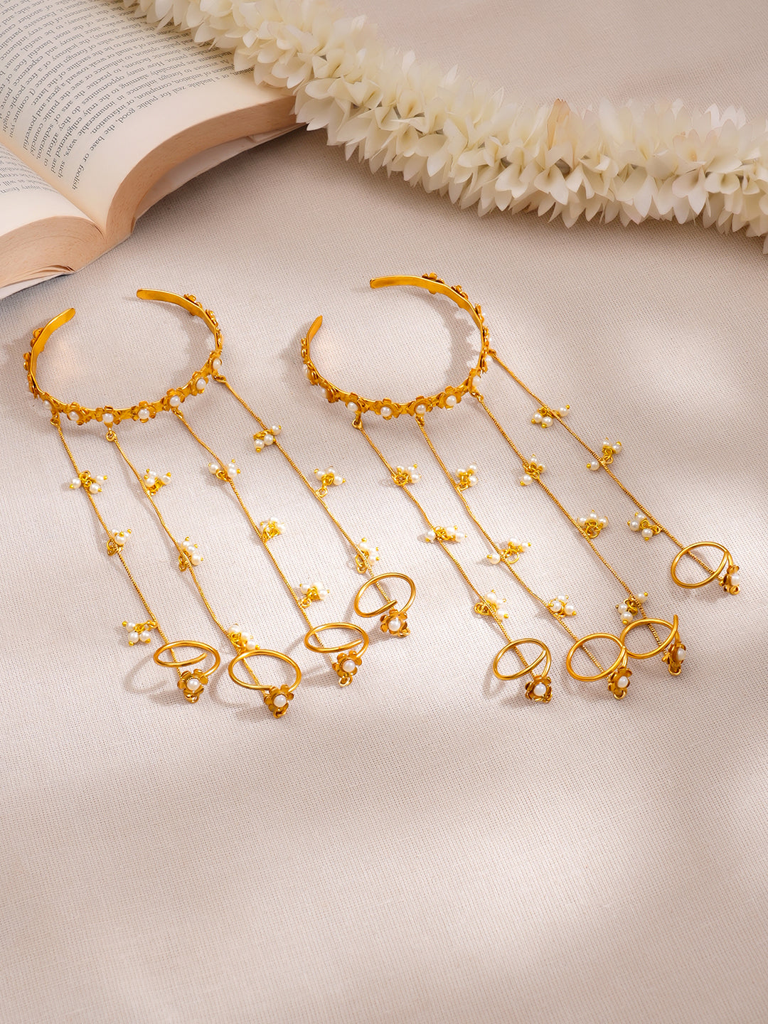 Golden Bloom Pearl Kashmiri Haathphool Bracelet Length - 15.2 cm