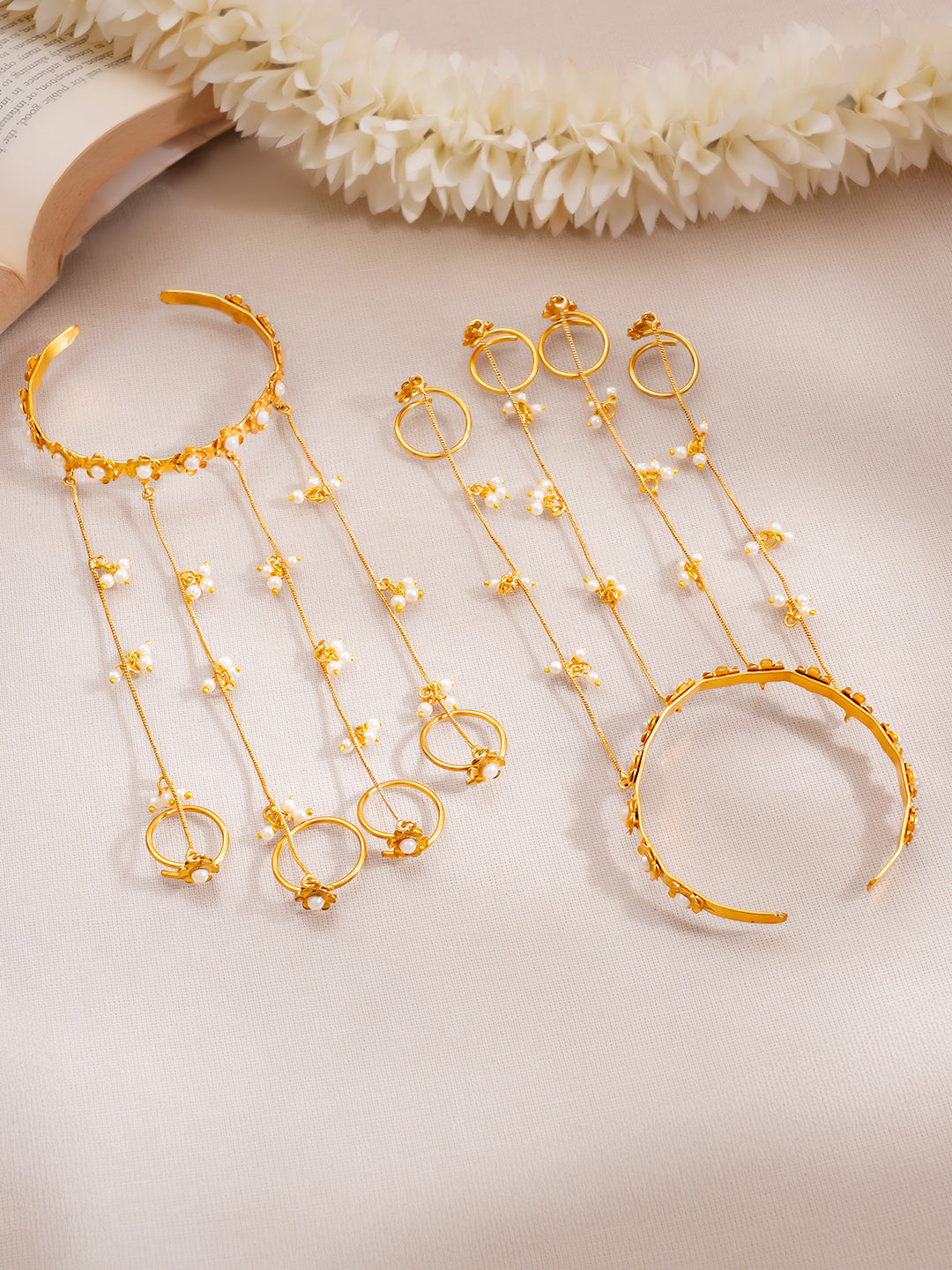Golden Bloom Pearl Kashmiri Haathphool Bracelet Length - 15.2 cm