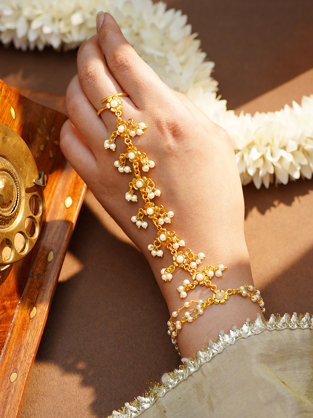 Golden Jasmine Haathphool Bracelet Length - 14 cm