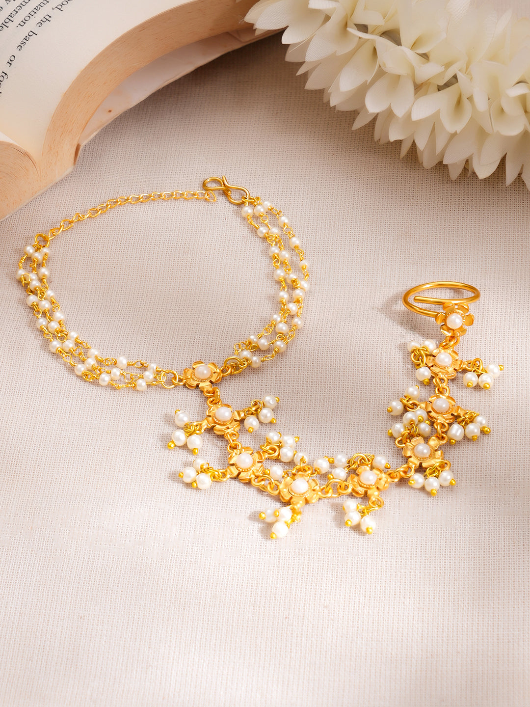 Golden Jasmine Haathphool Bracelet Length - 14 cm