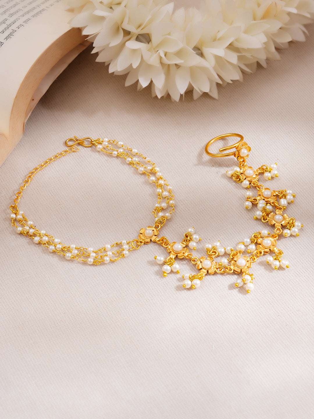 Golden Jasmine Haathphool Bracelet Length - 14 cm