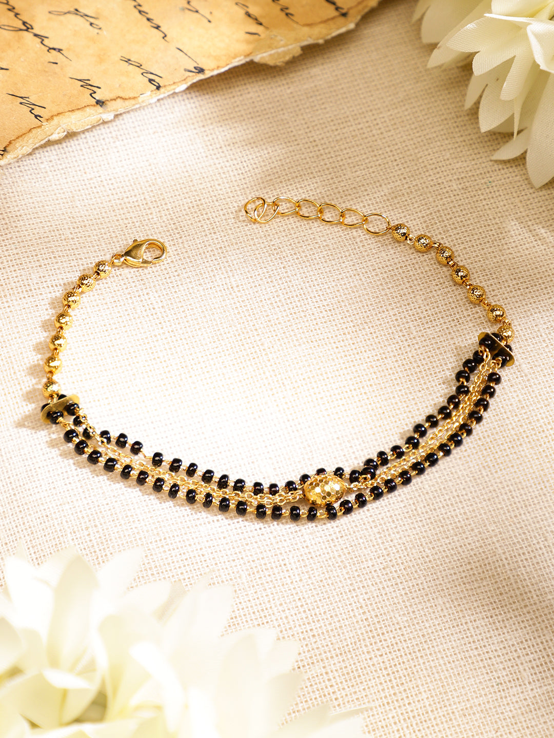 Rubans 18K Gold-Plated Black Beaded & Golden Chain Mangalsutra Bracelet for Women フリーサイズ