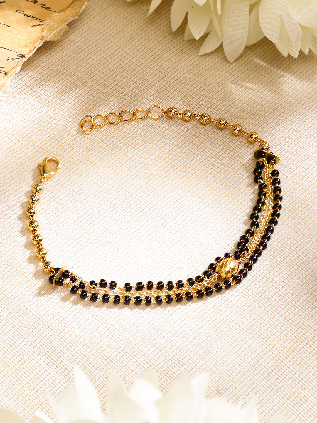 Rubans 18K Gold-Plated Black Beaded & Golden Chain Mangalsutra Bracelet for Women フリーサイズ
