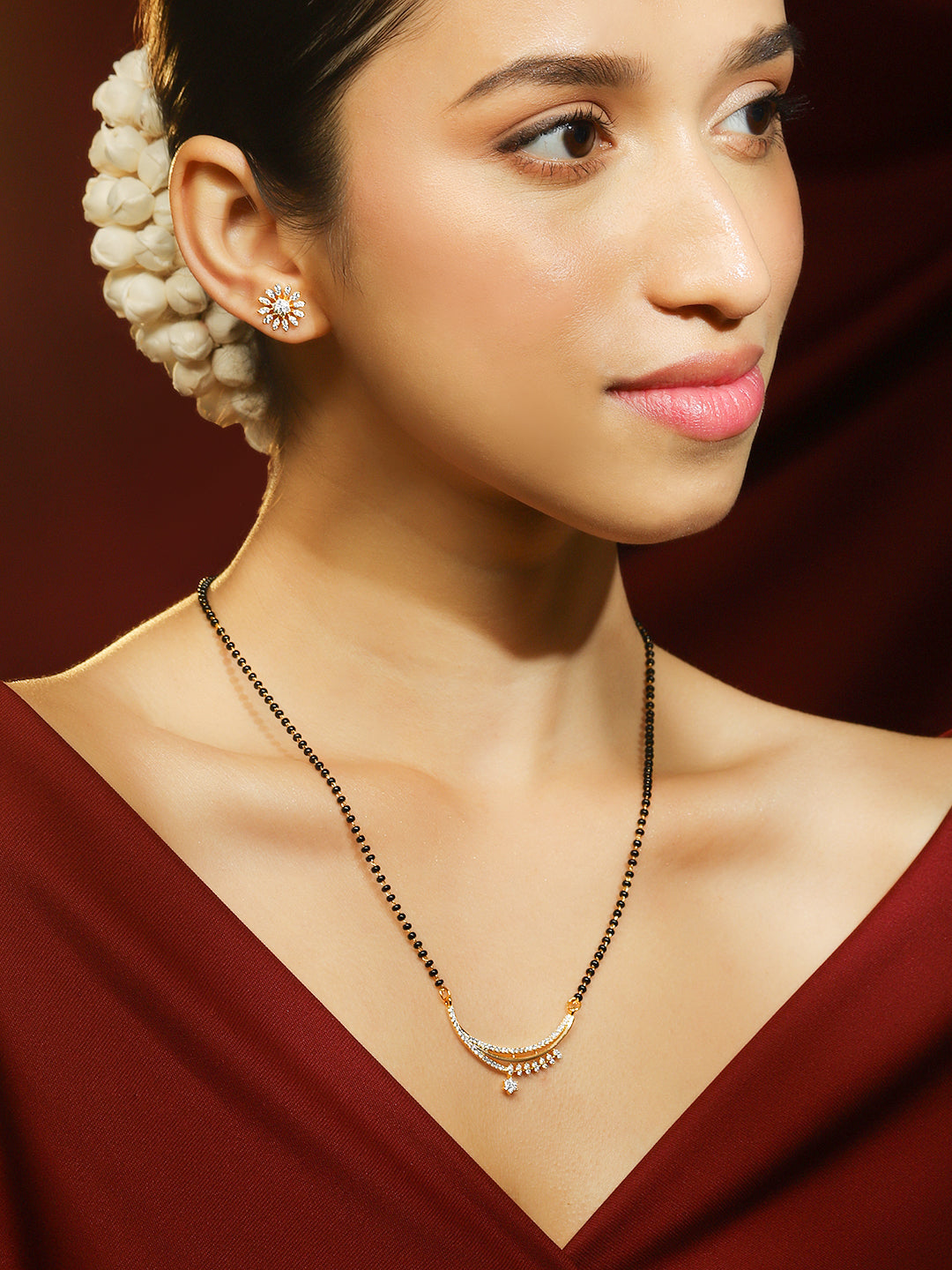 American Diamond Zirconia Mangalsutra With Floral Studs Gold
