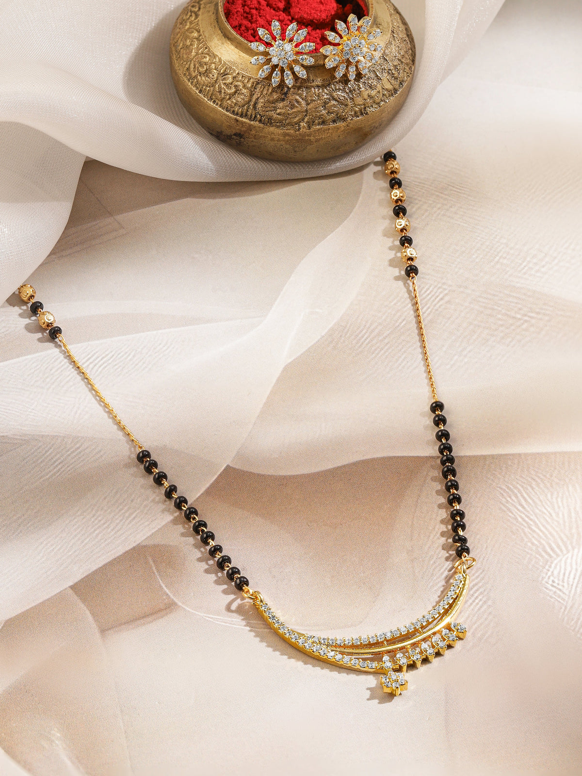 American Diamond Zirconia Mangalsutra With Floral Studs Gold