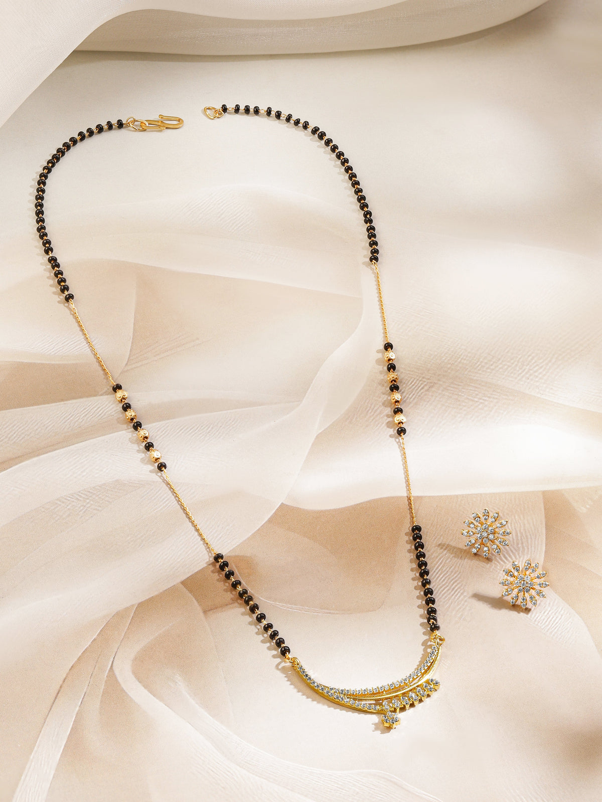 American Diamond Zirconia Mangalsutra With Floral Studs Gold