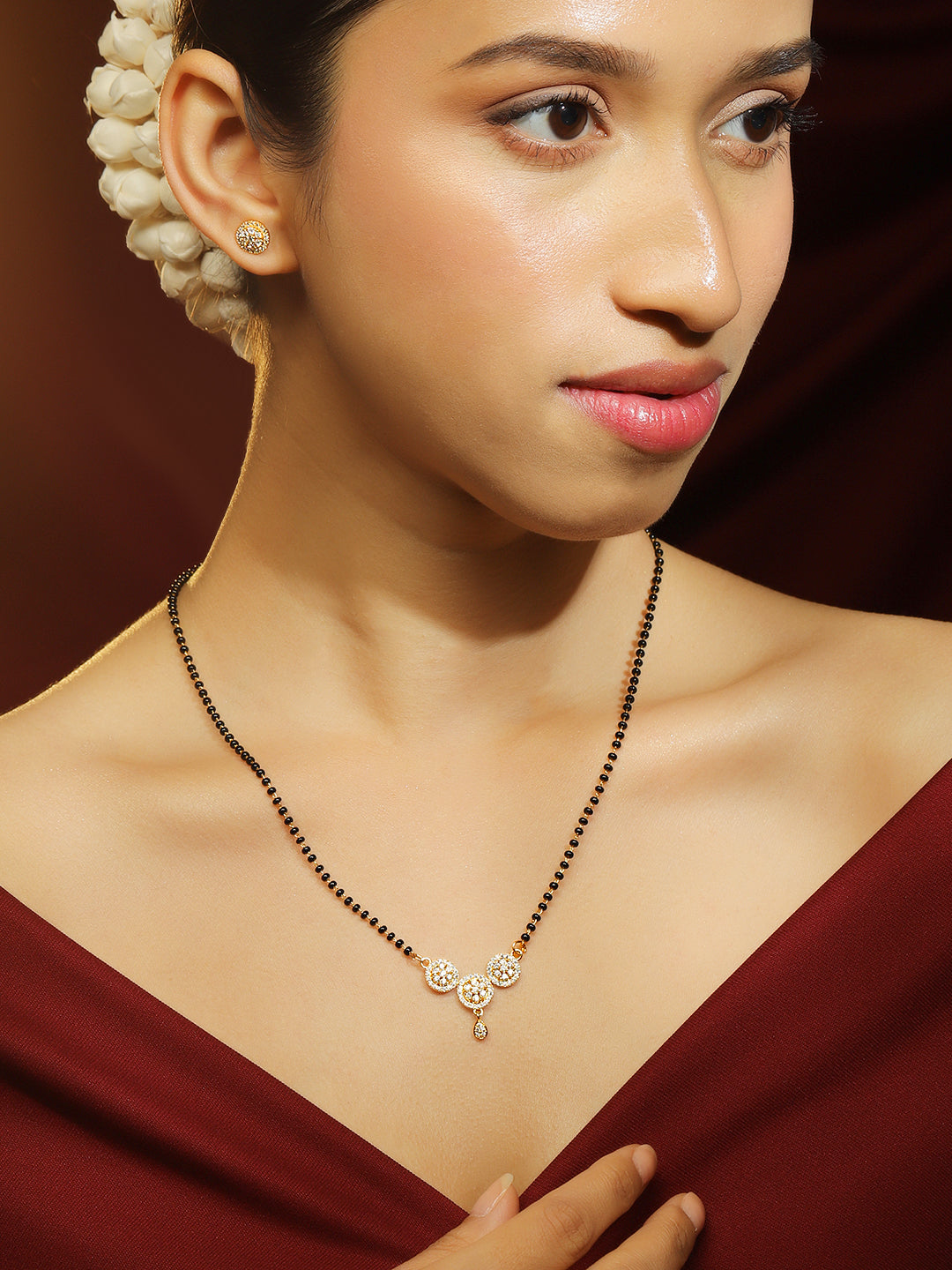 Floral American Diamond Zirconia Mangalsutra With Studs フリーサイズ