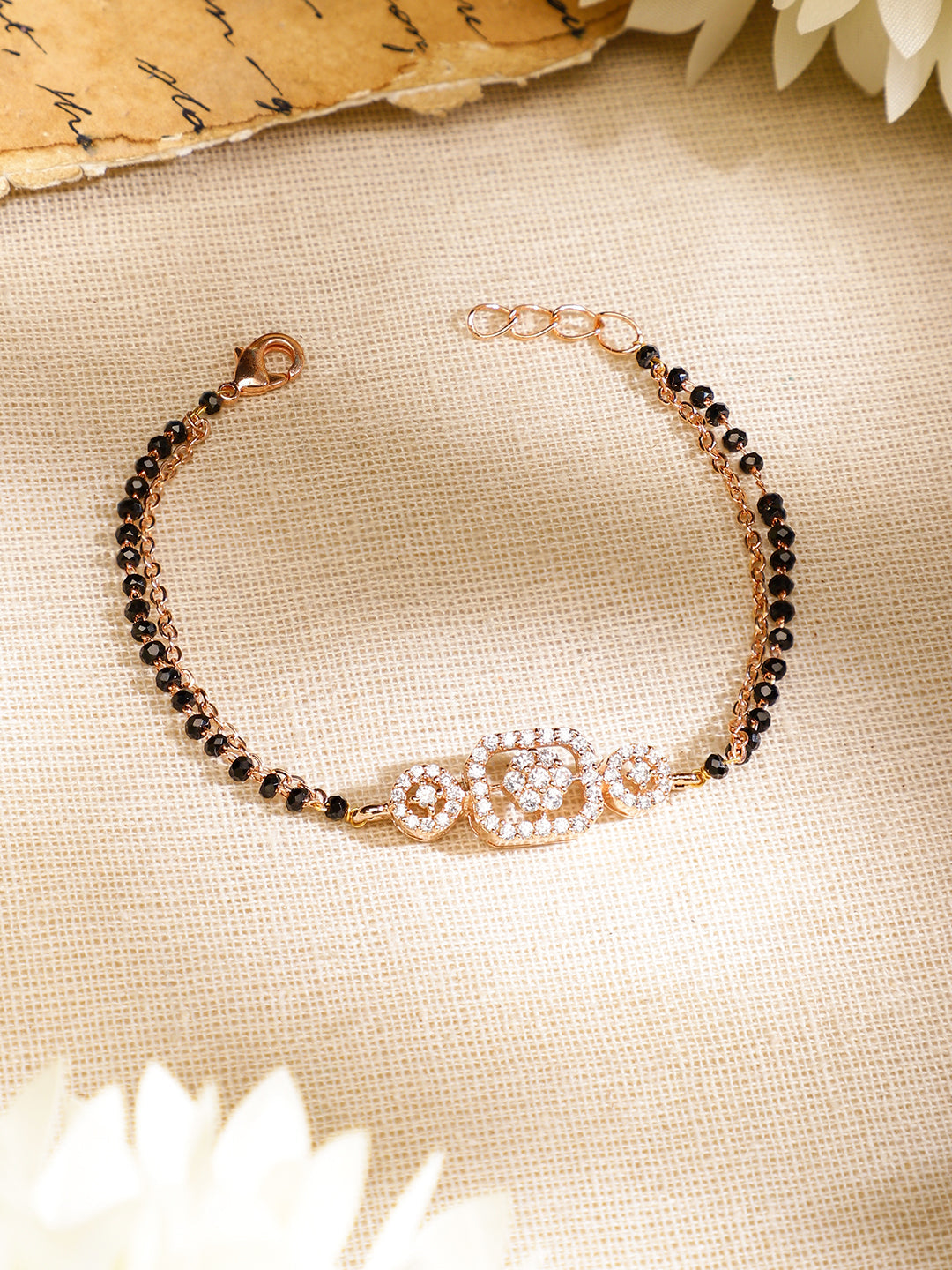 Rubans Rose Gold-Plated White Cubic Zirconia Studded Floral Mangalsutra Bracelet with Black Beads for Women フリーサイズ