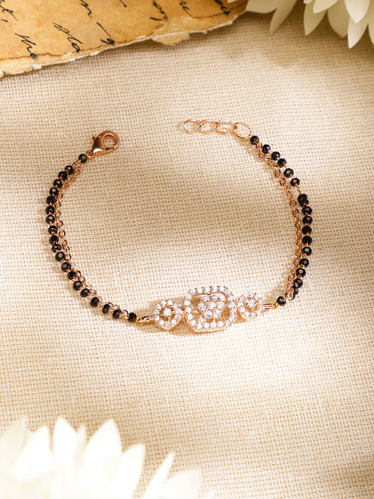 Rubans Rose Gold-Plated White Cubic Zirconia Studded Floral Mangalsutra Bracelet with Black Beads for Women フリーサイズ