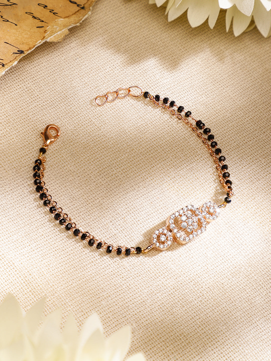 Rubans Rose Gold-Plated White Cubic Zirconia Studded Floral Mangalsutra Bracelet with Black Beads for Women フリーサイズ