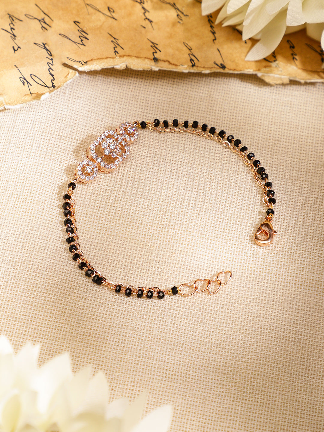 Rubans Rose Gold-Plated White Cubic Zirconia Studded Floral Mangalsutra Bracelet with Black Beads for Women フリーサイズ