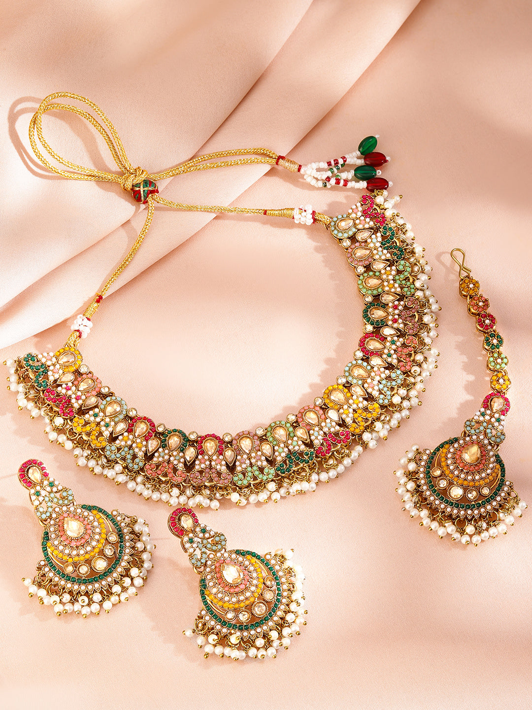 Multicolor studded Jewellery Set With Pearl Drops Gold