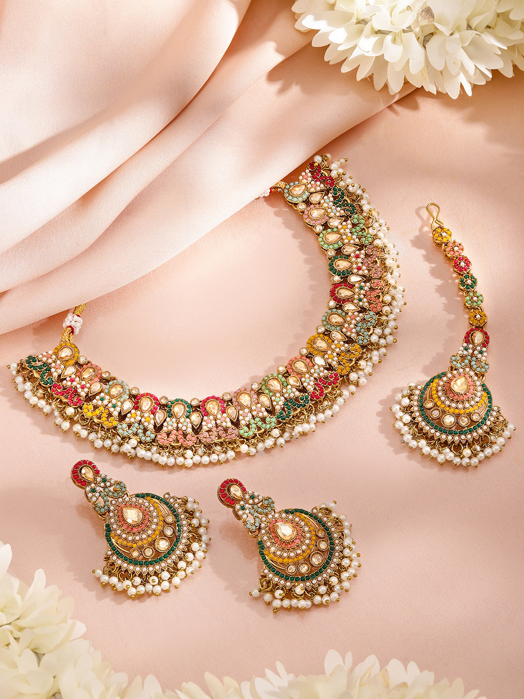 Multicolor studded Jewellery Set With Pearl Drops Gold