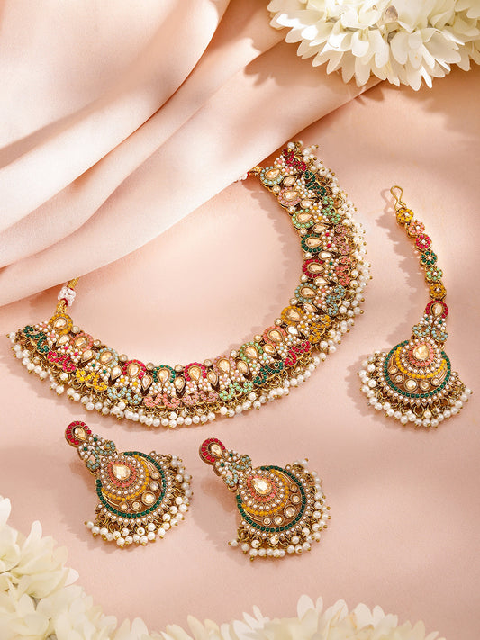 Multicolor studded Jewellery Set With Pearl Drops Gold