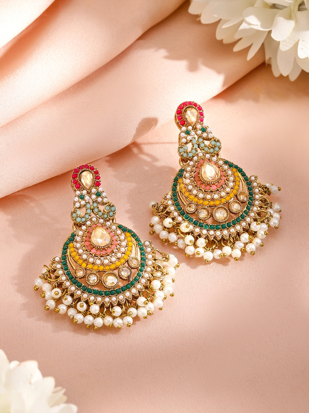 Multicolor studded Jewellery Set With Pearl Drops Gold
