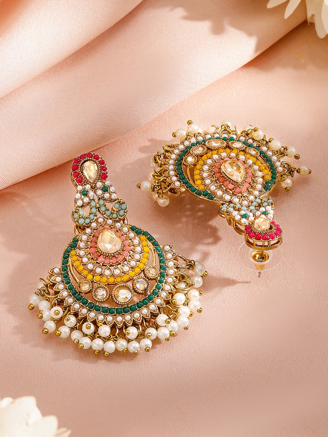 Multicolor studded Jewellery Set With Pearl Drops Gold
