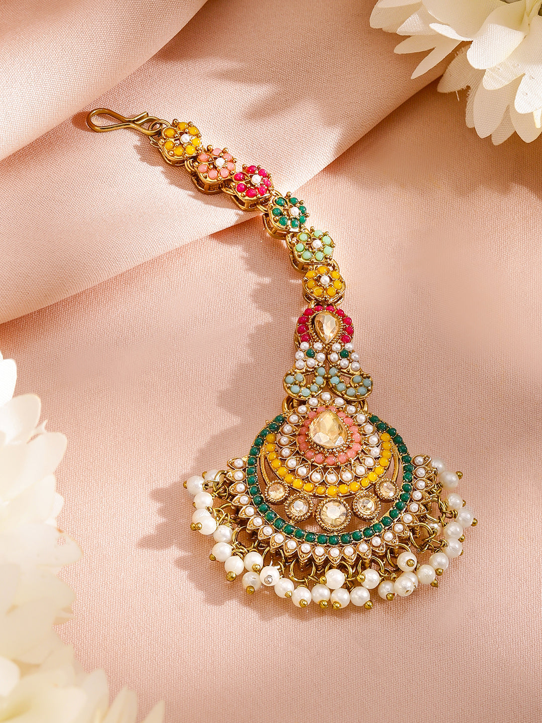 Multicolor studded Jewellery Set With Pearl Drops Gold