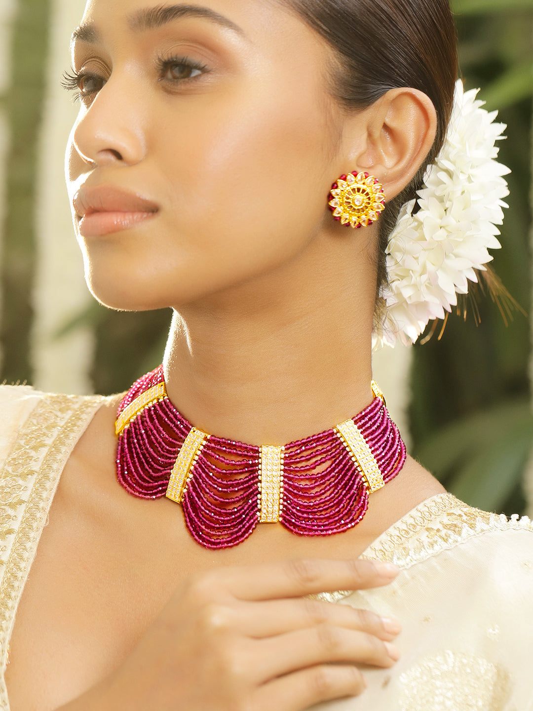 American Diamond Zirconia Pink Beads Necklace Set フリーサイズ
