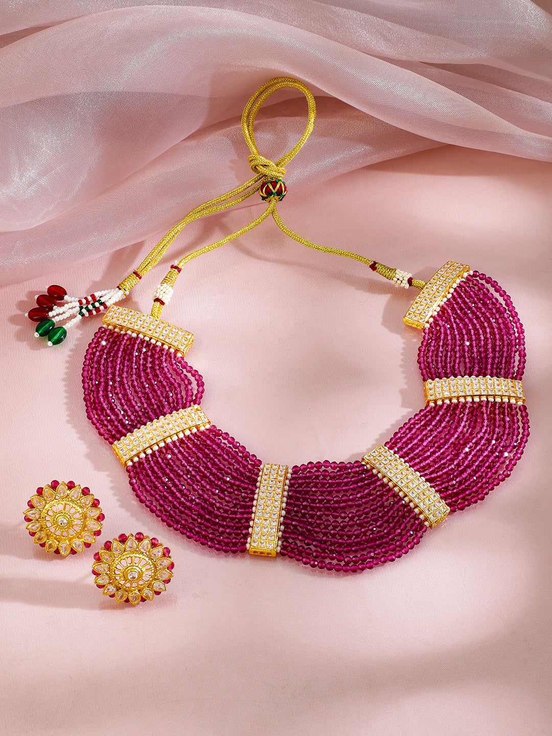 American Diamond Zirconia Pink Beads Necklace Set フリーサイズ