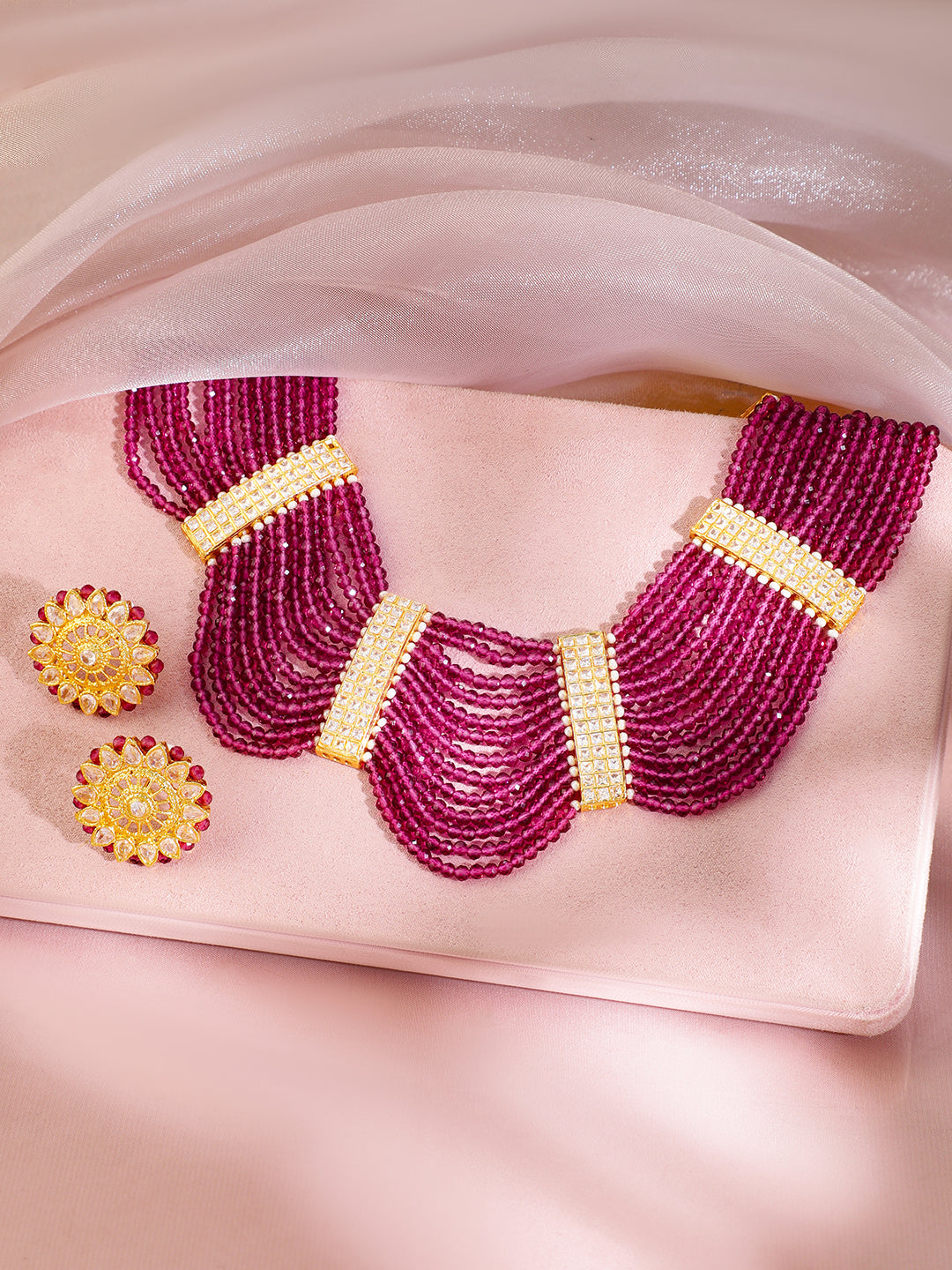 American Diamond Zirconia Pink Beads Necklace Set フリーサイズ