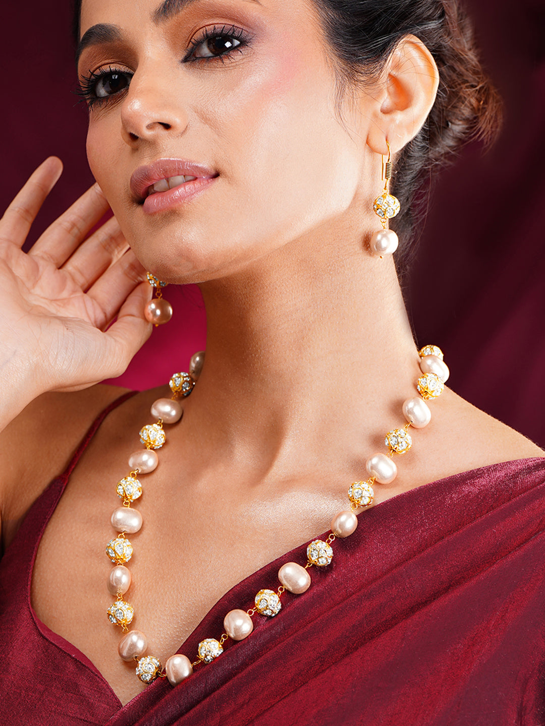 【Rubans】 Peach Pearl Beaded Cubic Zirconia Statement Necklace Set｜ピーチパールビーズ キュービックジルコニア ステートメント ネックレスセット