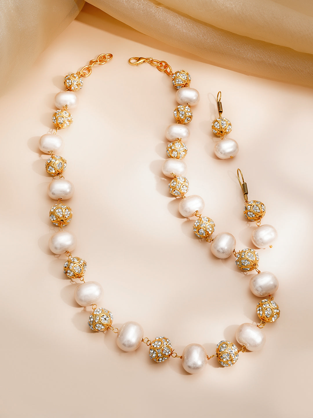【Rubans】 Peach Pearl Beaded Cubic Zirconia Statement Necklace Set｜ピーチパールビーズ キュービックジルコニア ステートメント ネックレスセット