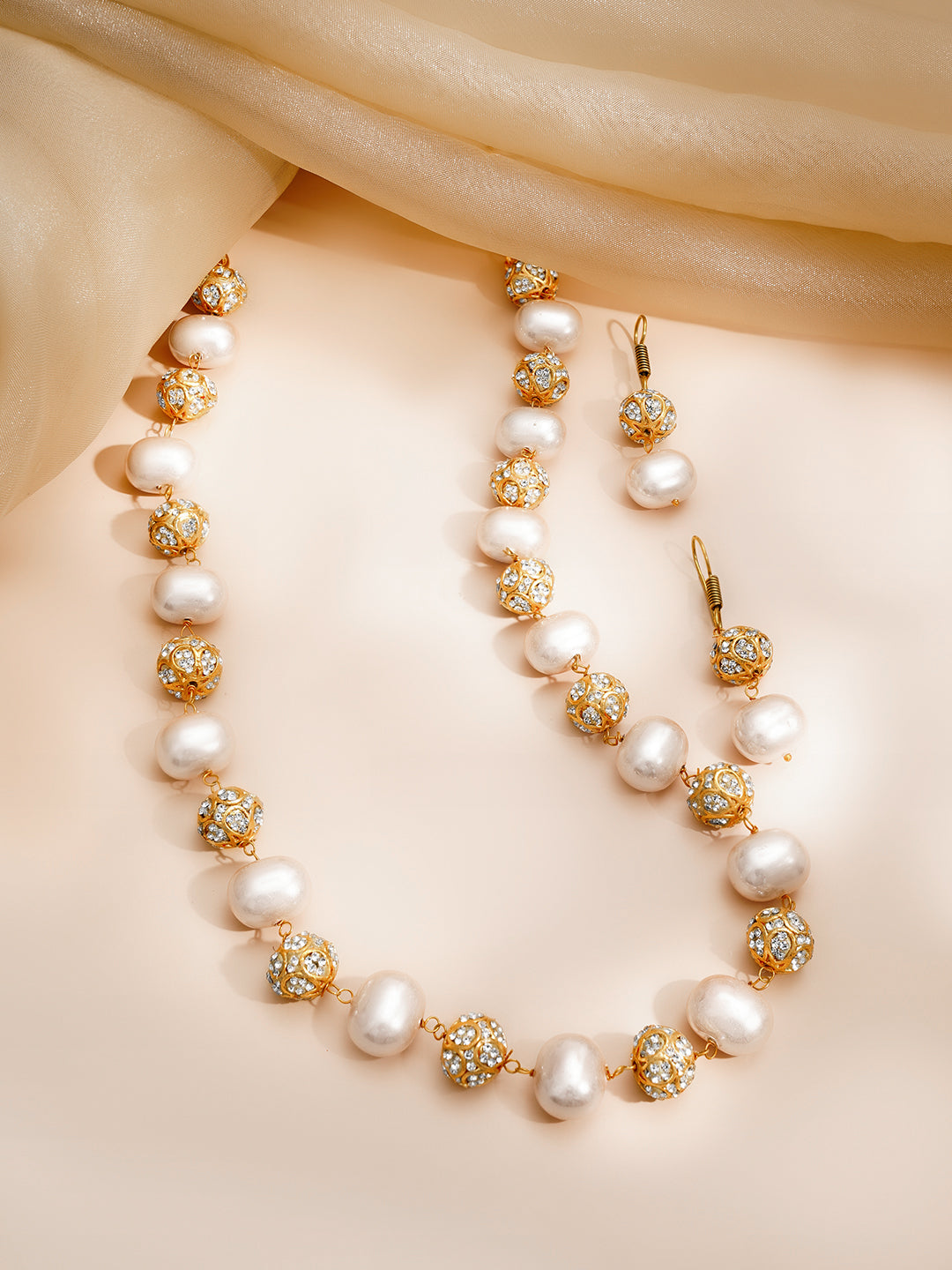 【Rubans】 Peach Pearl Beaded Cubic Zirconia Statement Necklace Set｜ピーチパールビーズ キュービックジルコニア ステートメント ネックレスセット