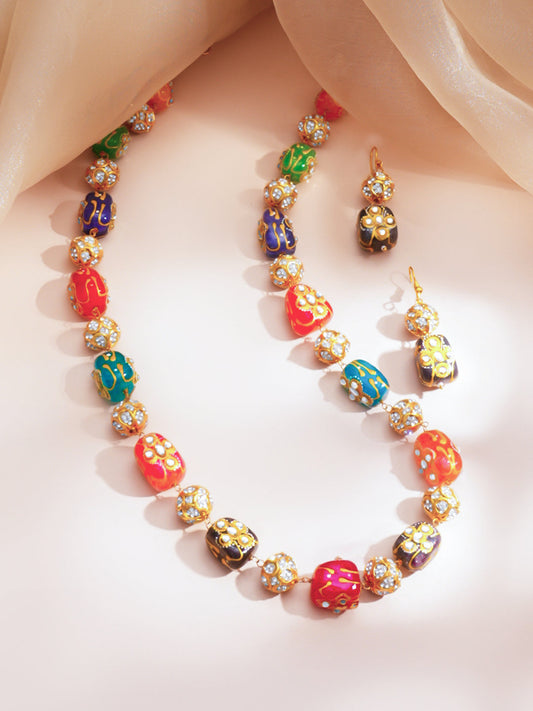 【Rubans】 Brass Multicolor Beaded Crystal Studded 22K Gold Plated Statement Necklace Set｜22K ゴールドメッキ マルチカラービーズ クリスタル ステートメント ネックレスセット