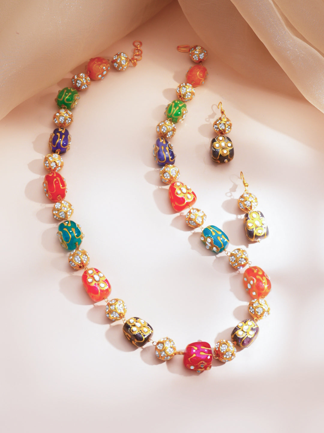 【Rubans】 Brass Multicolor Beaded Crystal Studded 22K Gold Plated Statement Necklace Set｜22K ゴールドメッキ マルチカラービーズ クリスタル ステートメント ネックレスセット