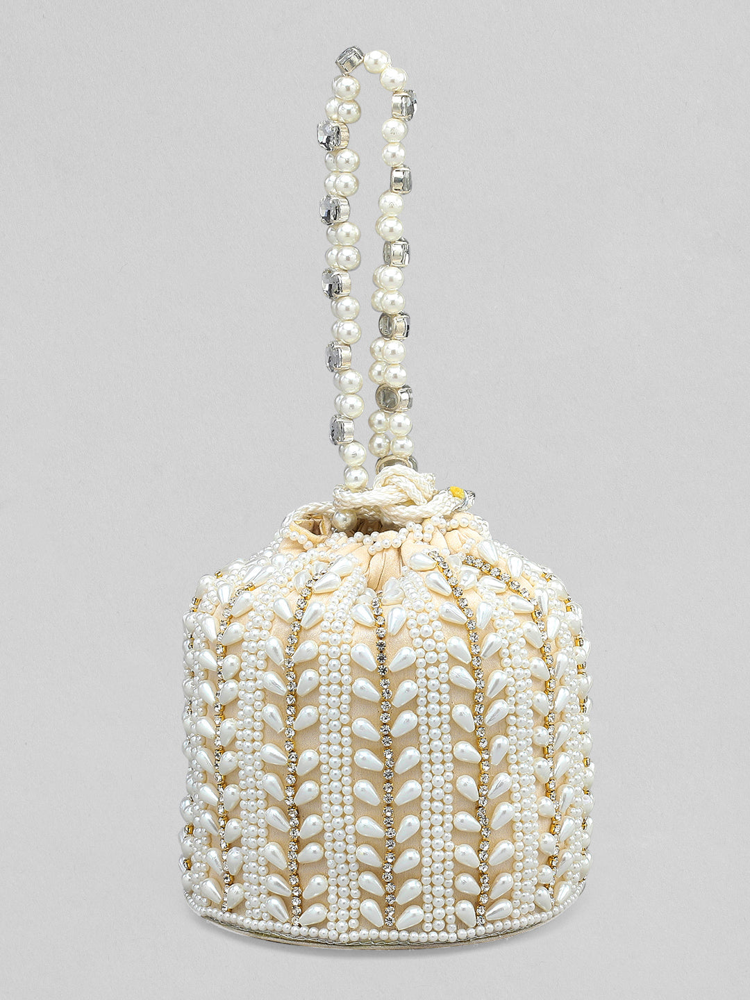 Rubans Off White Coloured Potli Bag With Golden Embroided Design And Pearls. Off White