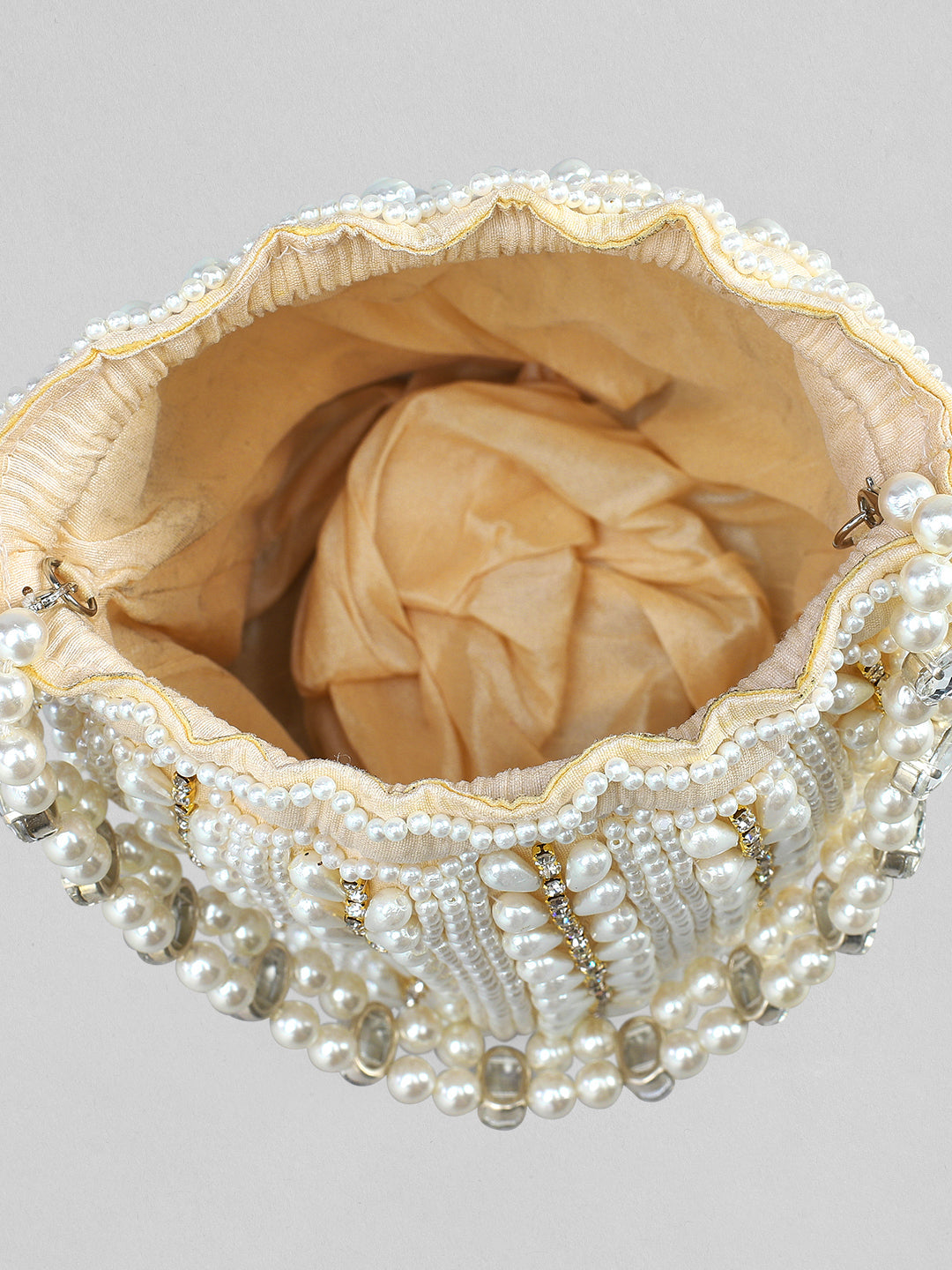Rubans Off White Coloured Potli Bag With Golden Embroided Design And Pearls. Off White