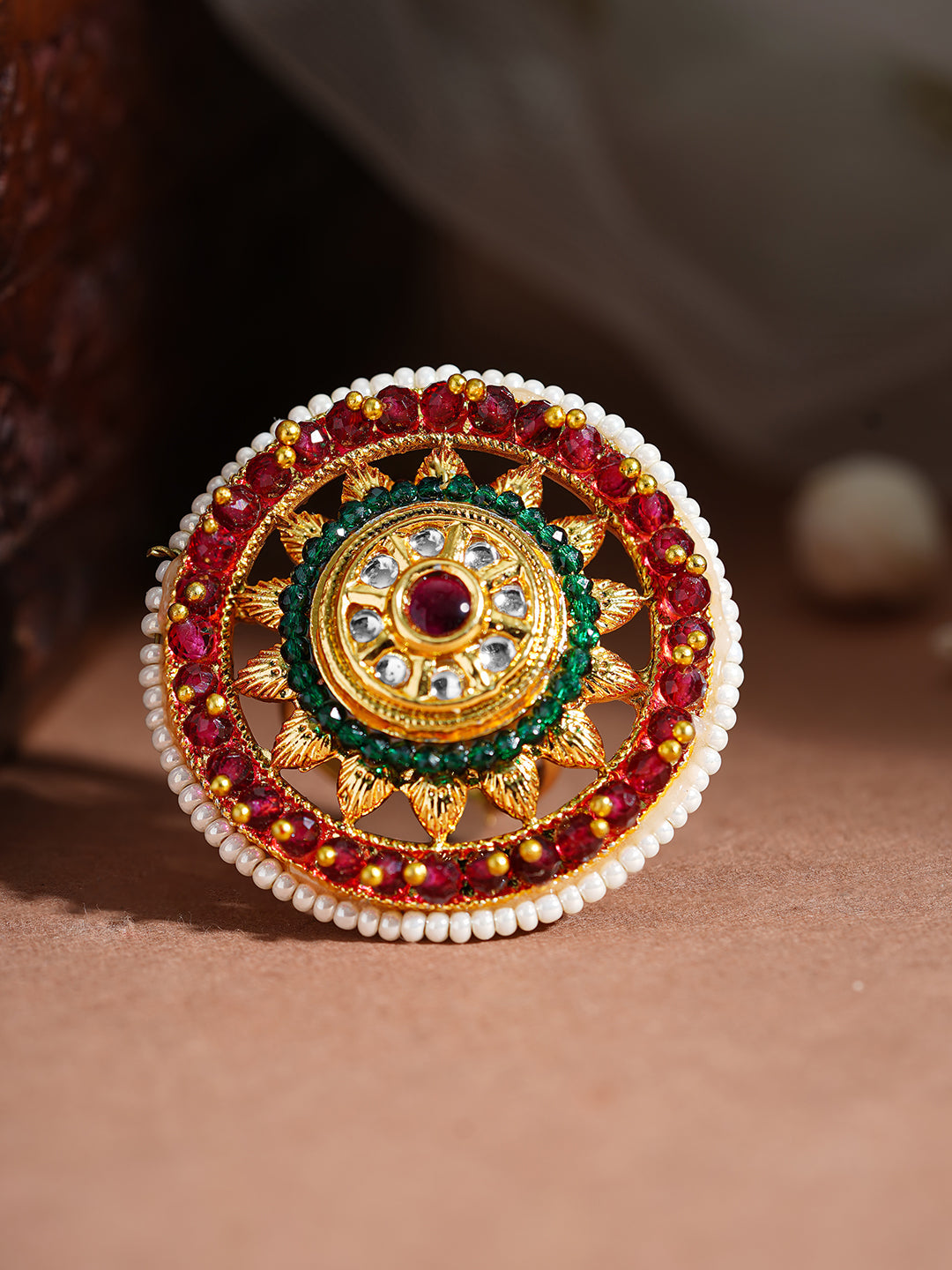 Rubans 22K Gold Plated Kundan Studded Red & Green Crystal with Pearl beaded Handcrafted Adjustable Ring Red::Green