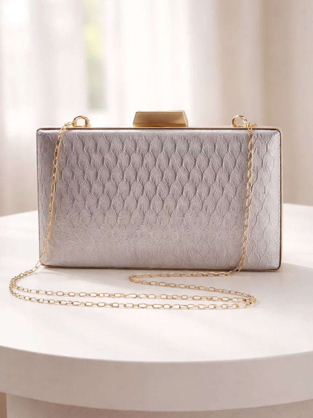 Glossy Grey Structured Box Clutch フリーサイズ