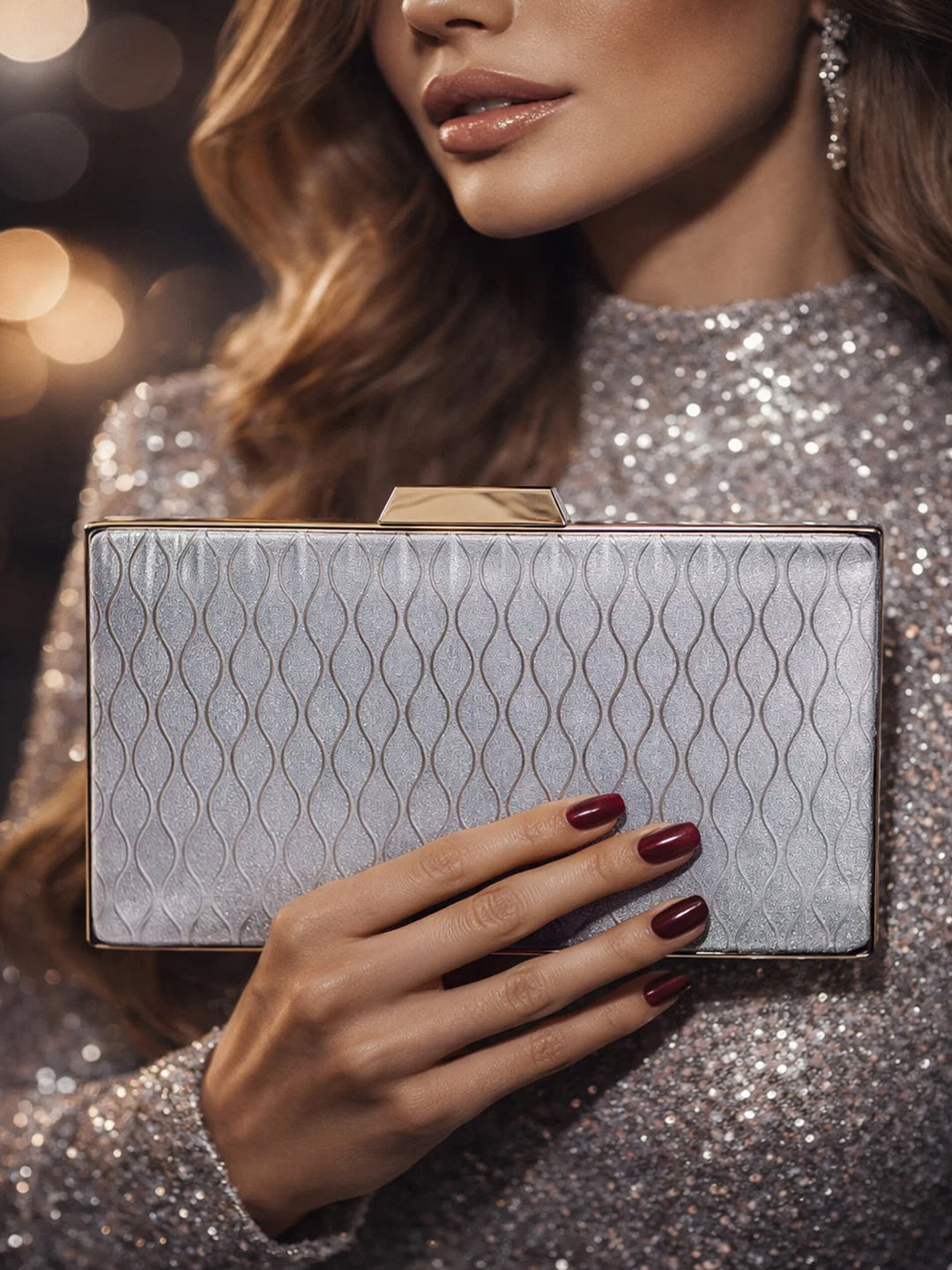 Glossy Grey Structured Box Clutch フリーサイズ