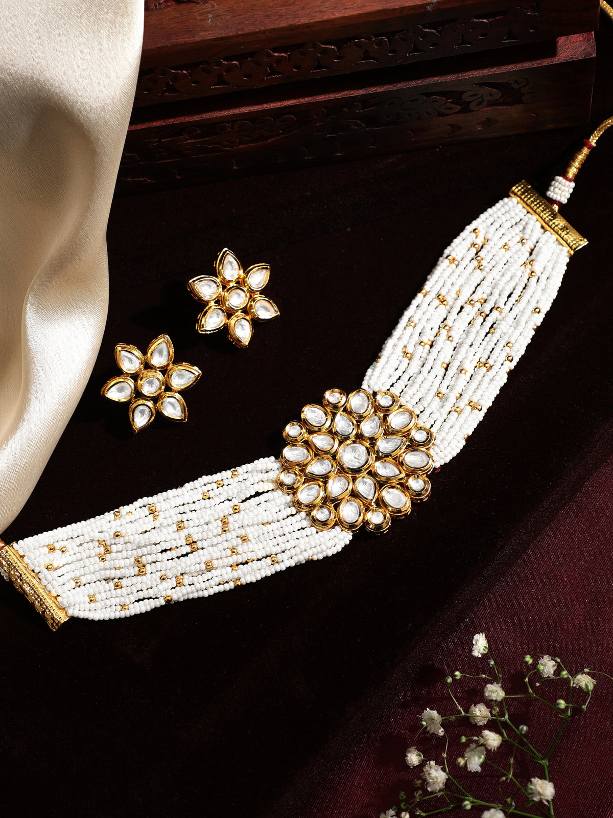 Rubans Luxury 24K Gold Plated Handcrafted Kundan & White Pearls Choker Set White