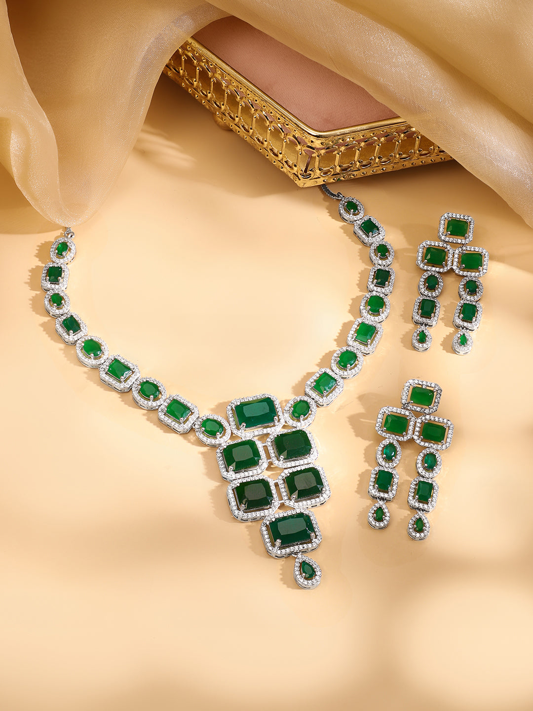 Rhodium Plated Blue Sapphire & CubicZirconia Studded Premium Statement Necklace Set Green